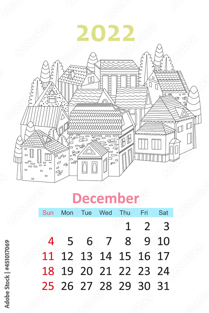 Coloring book calendar cute town with trees december vector