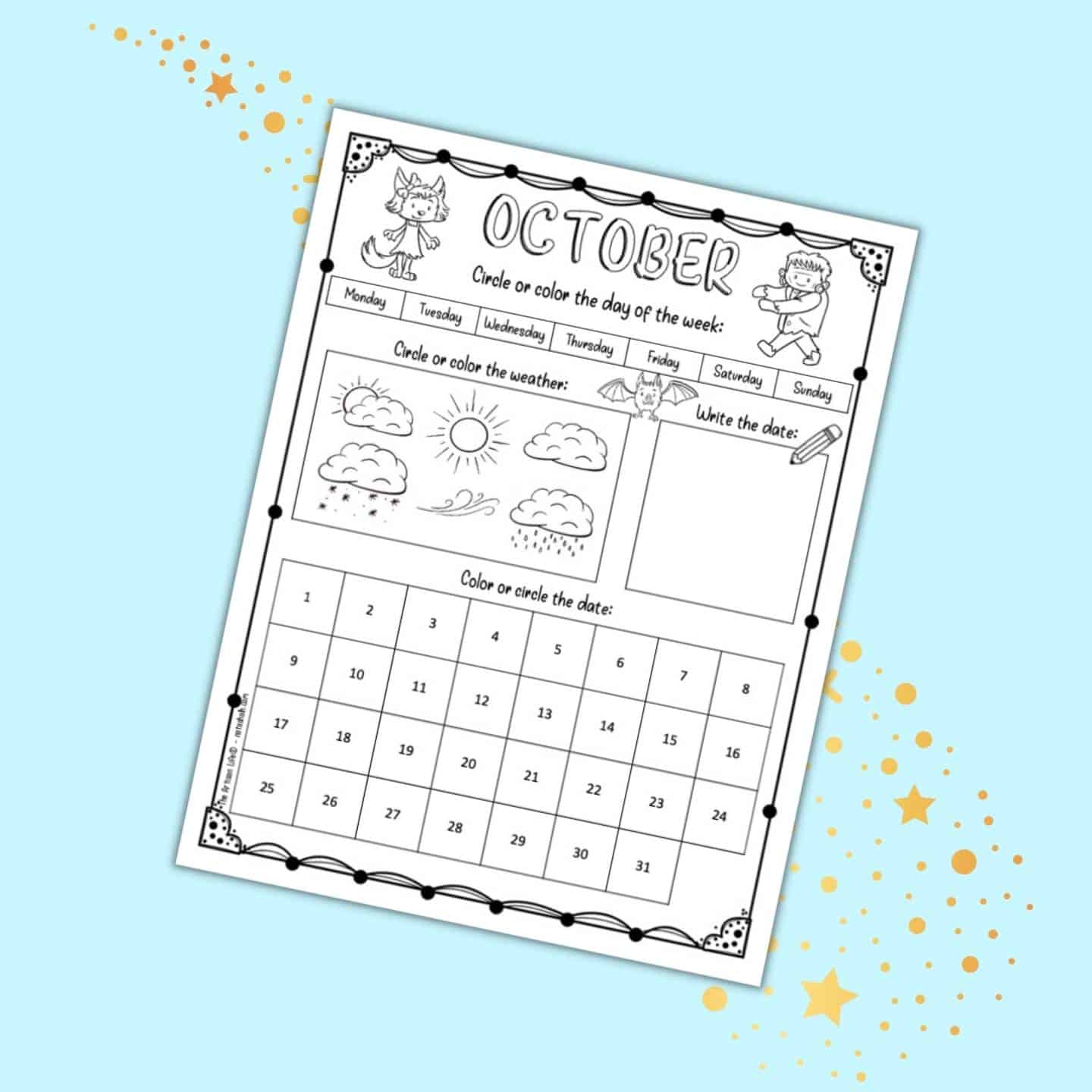 Free printable october calendar worksheet for kids