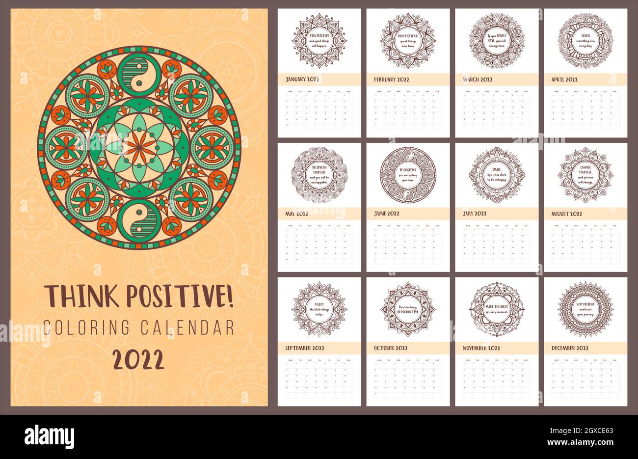 Think positive inspirational coloring pages calendar with mandalas serenity and relaxation stock vector image art