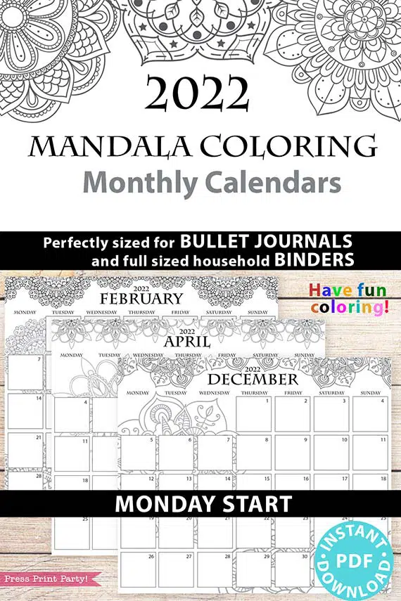 Monday start monthly printable calendars mandala