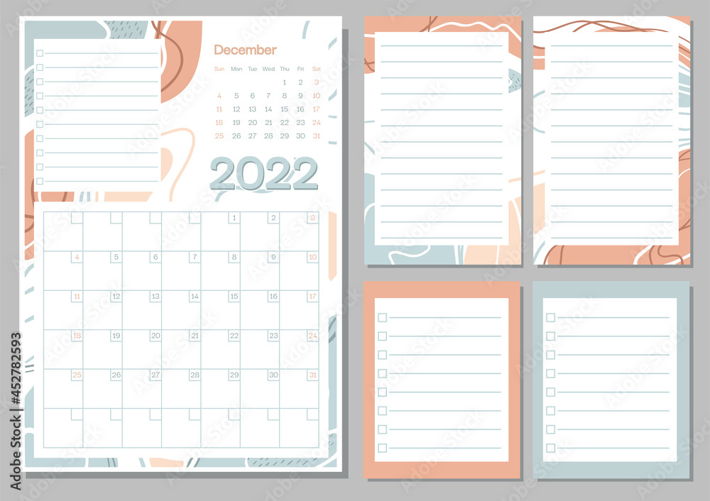 December calendar month planner in pastel color week starts on sunday planner and notes pages collection set drawing page for notes notebooks diary organizer and schedule vector
