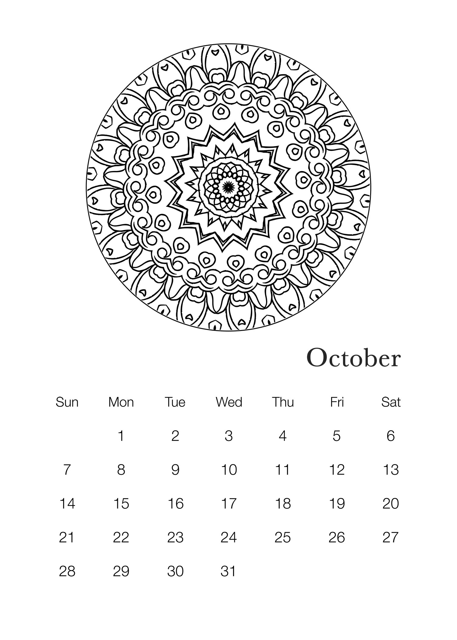 Free printable mandala coloring book calendar