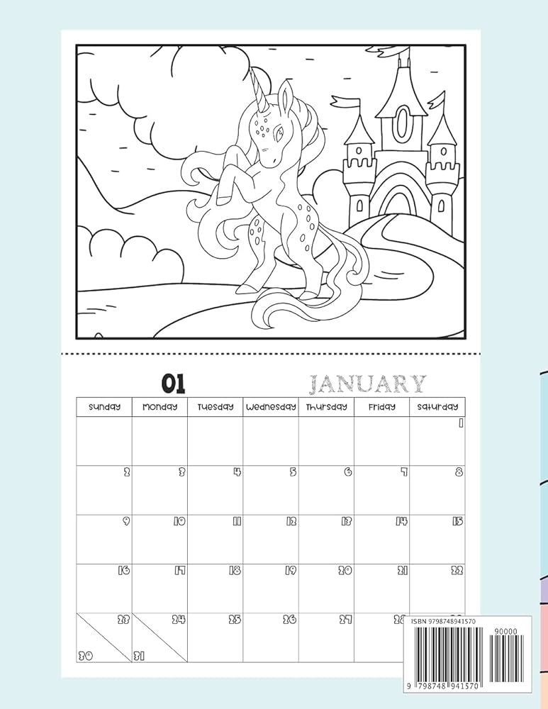 Unicorn coloring calendar month page start january