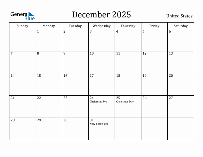 December monthly calendar with united states holidays
