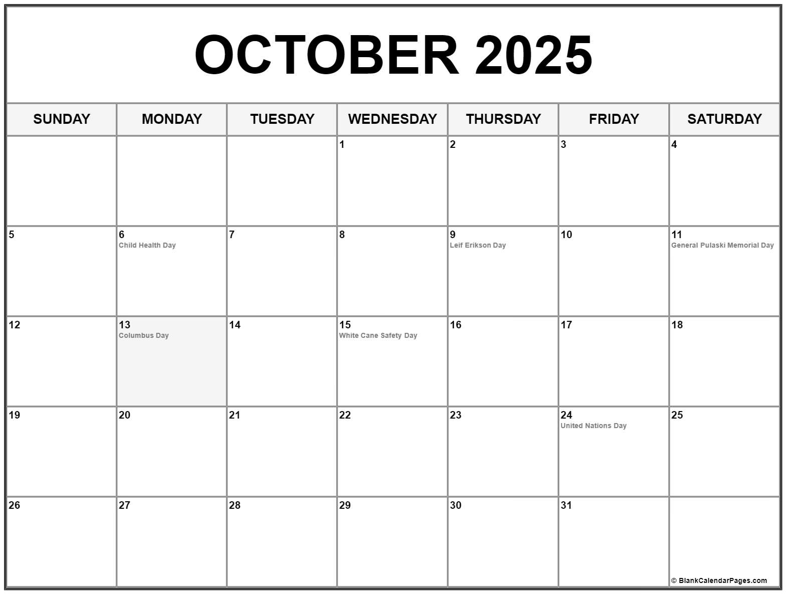 October with holidays calendar