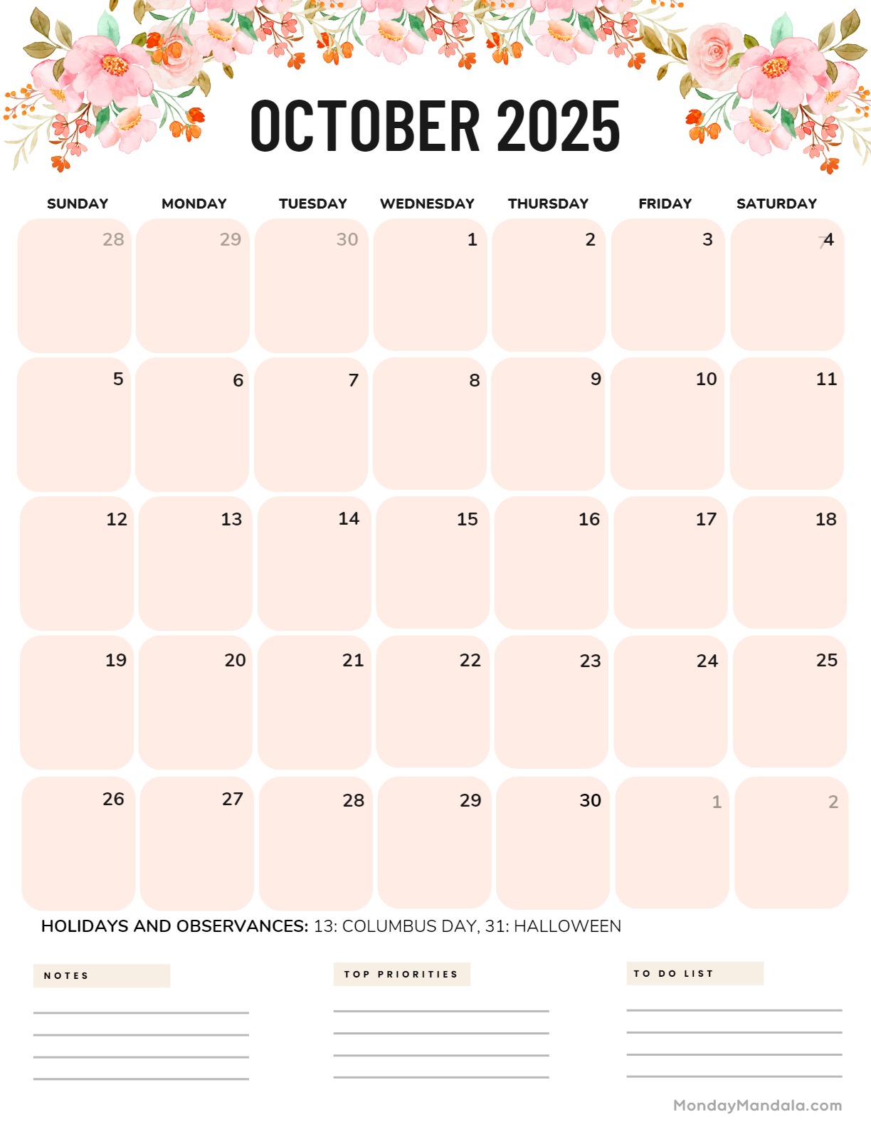 October calendar free pdf printables