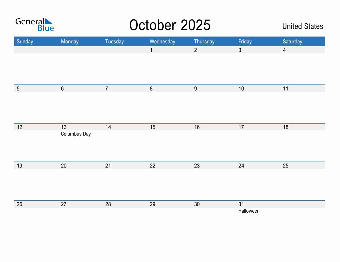 October monthly calendar with united states holidays