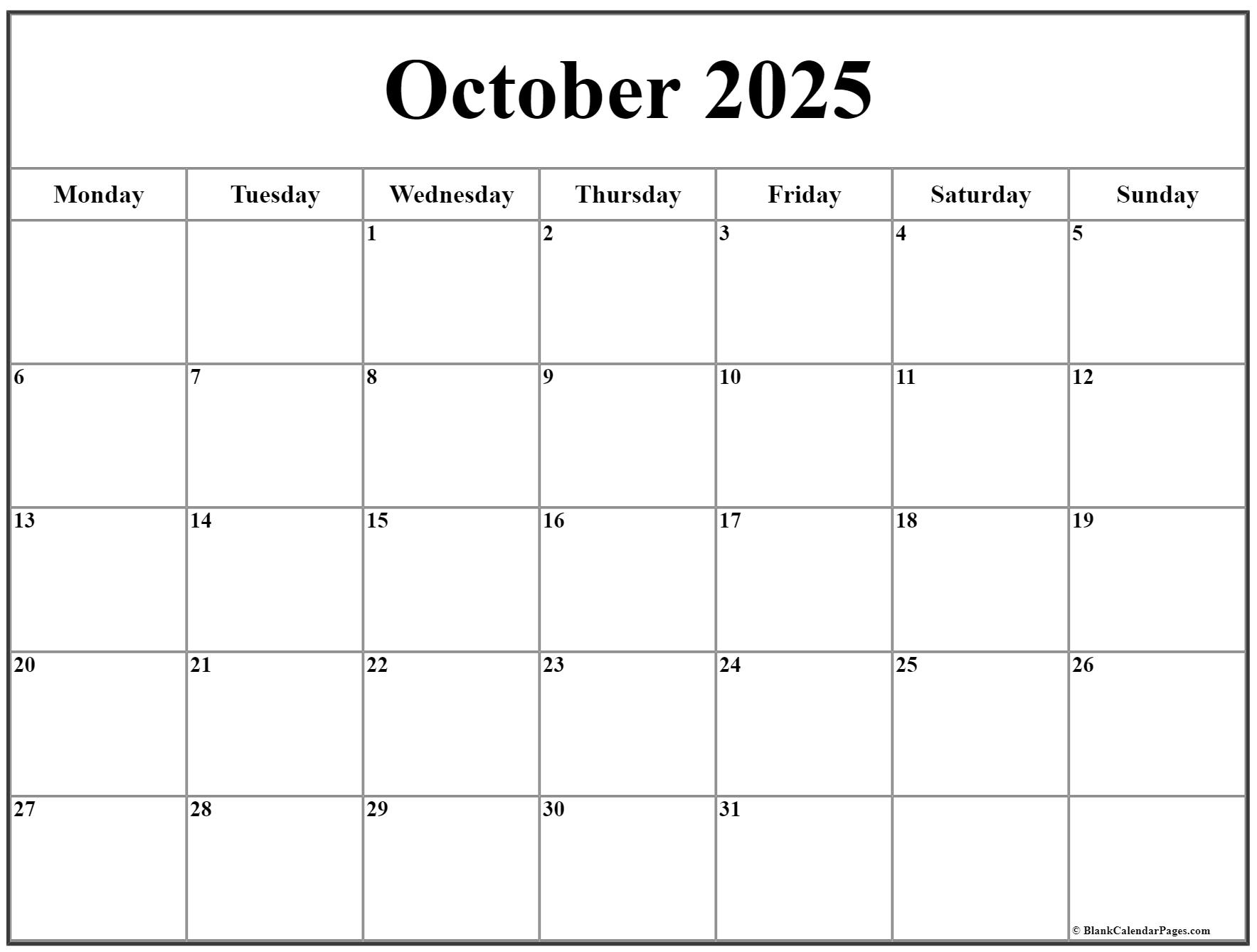 October monday calendar monday to sunday
