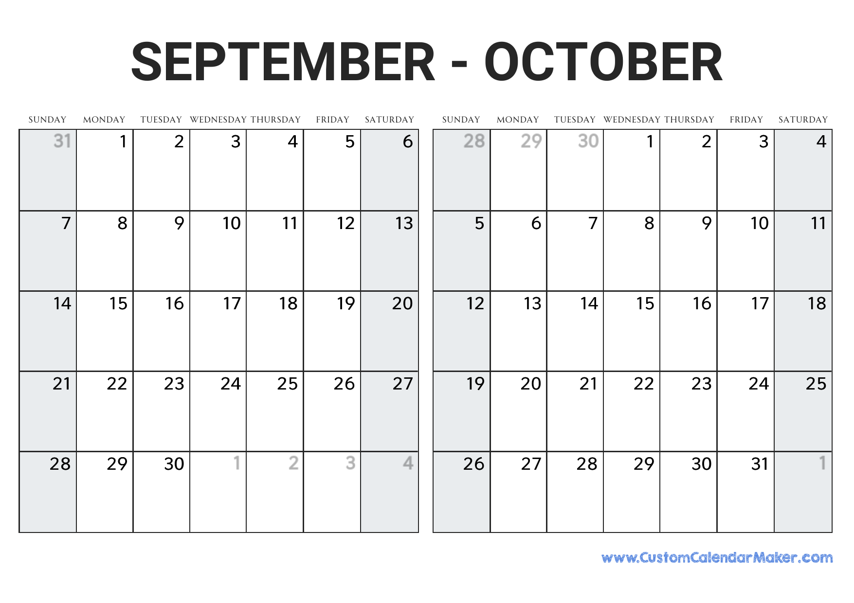 September and october printable calendar template