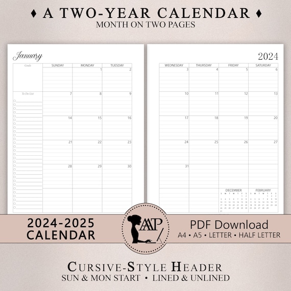 Monthly calendar printable two page lined unlined planner insert sunday monday start a a letter half size pdf clp