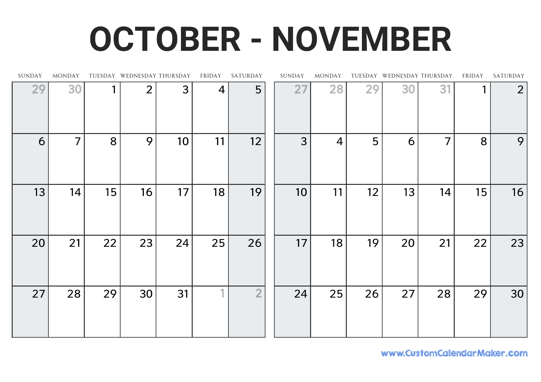 October and november printable calendar template