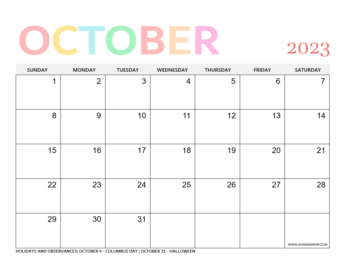 Free printable october calendar with holidays best templates