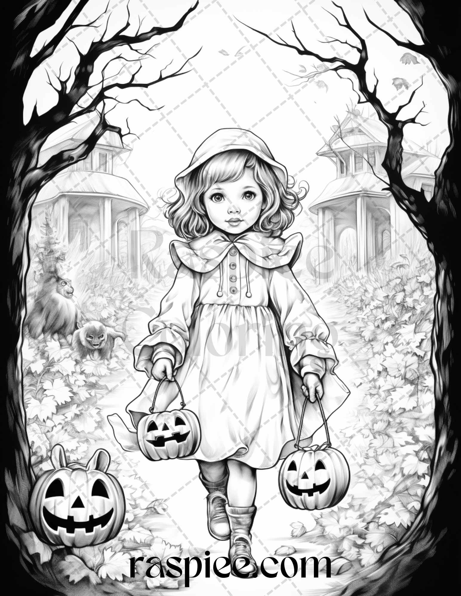 Vintage halloween trick or treat grayscale coloring pages printable â coloring