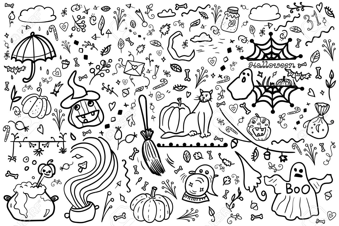 Scrap set elements halloween coloring page coloring book contour colorful pumpkins cat heart vector collection nighttime and horror doodle set from different elements holiday in october royalty free svg cliparts vectors