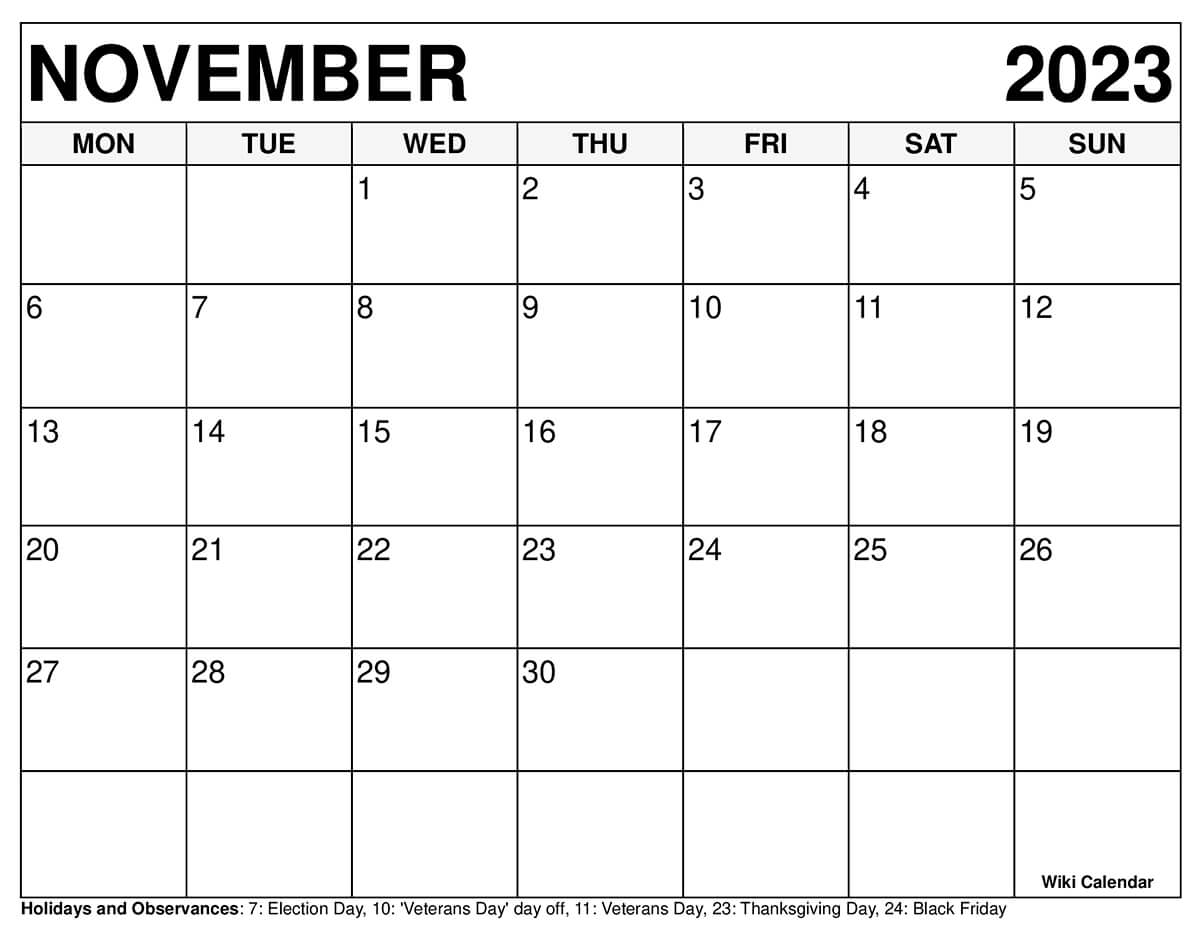 Printable november calendar templates with holidays