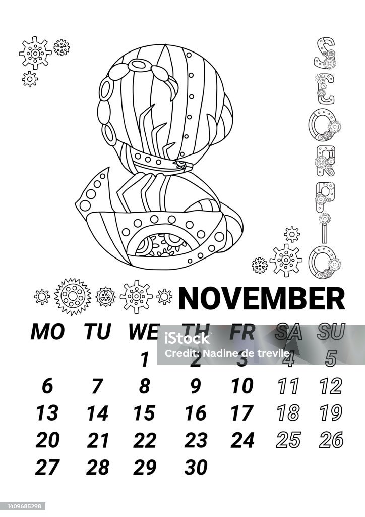 Calendar page november in steampunk style illustration of the zodiac sign scorpio in the form of a fabulous steampunkstyle airship decorated with gears doodle style stock illustration