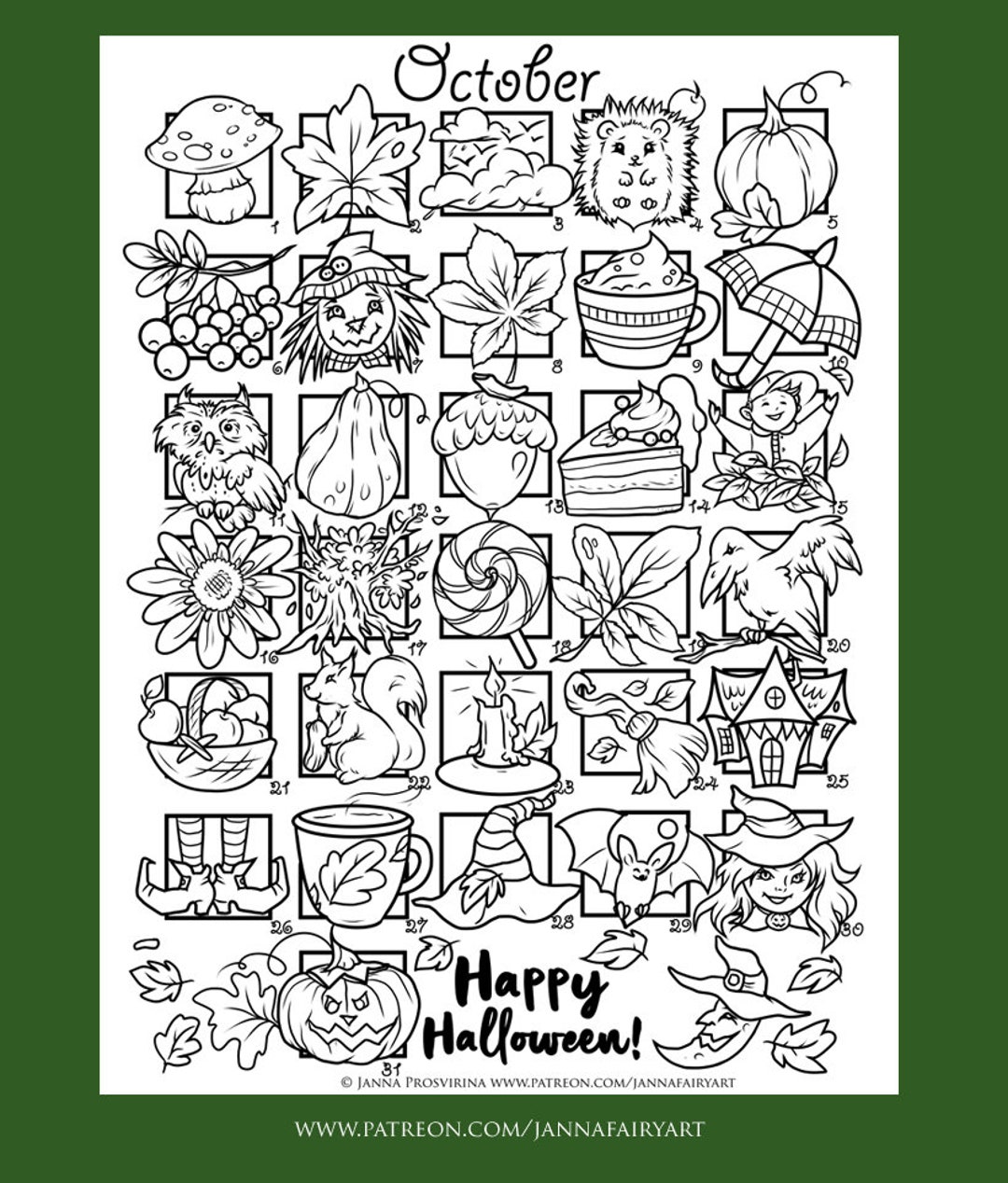 October treats countdown coloring page calendar to color printable art of janna prosvirina