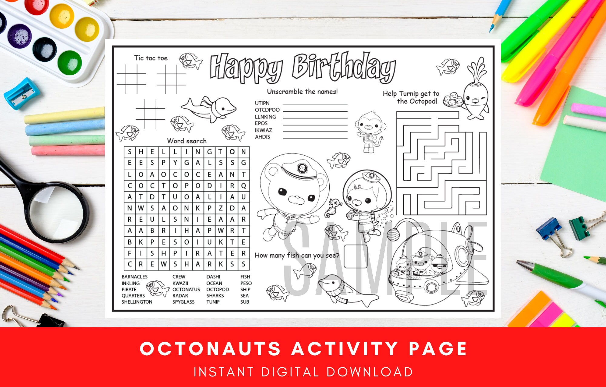 Octonauts happy birthday instant digital download customisable placemat party bag filler printable colouring pages digital decorations instant download