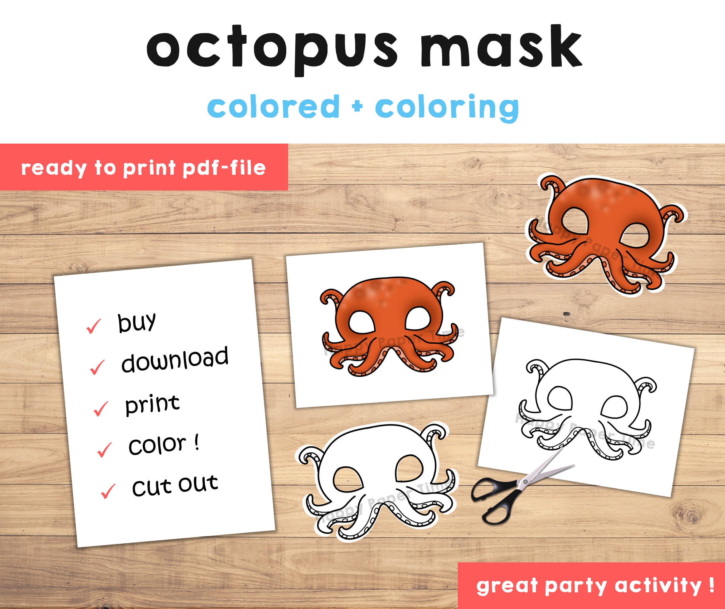 Octopus mask template costume kids diy ocean sea animal party fun favor printable coloring easy craft kids instant download