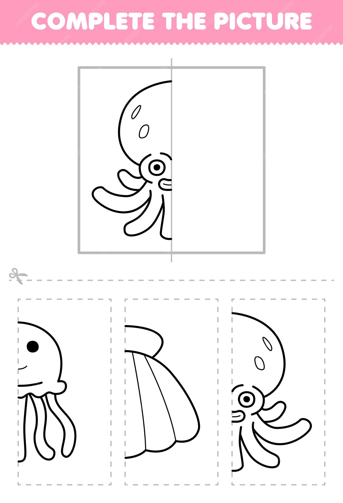 Premium vector education game for children cut and plete the picture of cute cartoon octopus half outline for coloring printable underwater worksheet