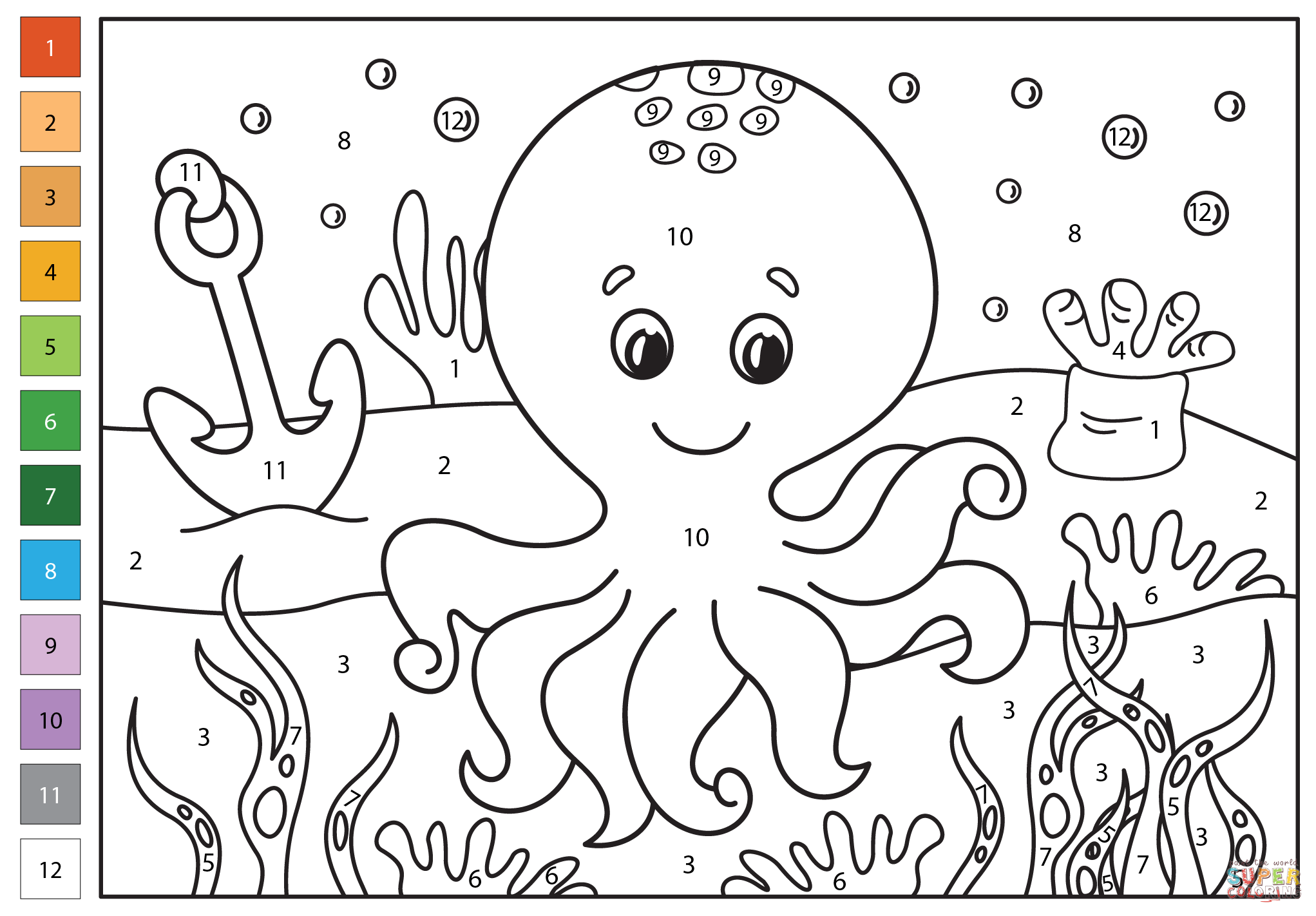 Octopus color by number free printable coloring pages