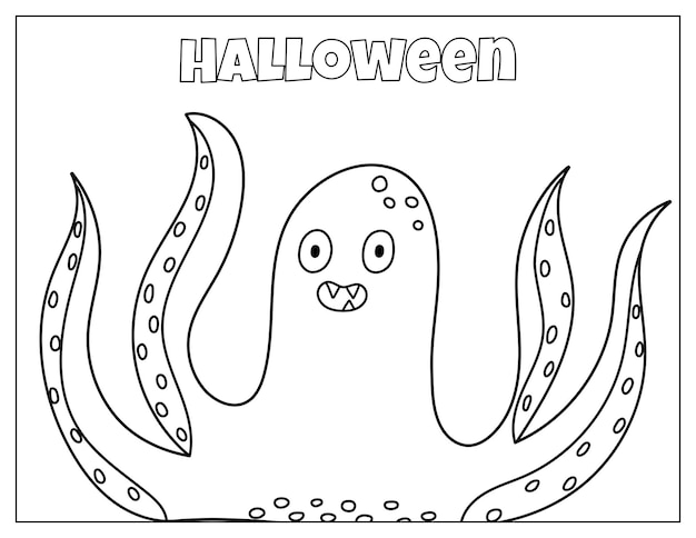 Premium vector halloween coloring page with creepy monster octopus spooky print in cartoon style for coloring book