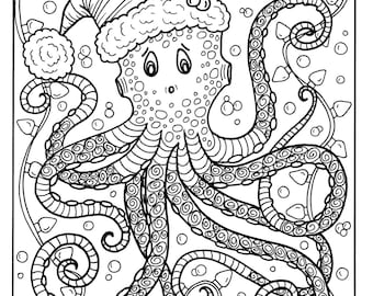 Octopus christmas coloring page adult color holidays beach