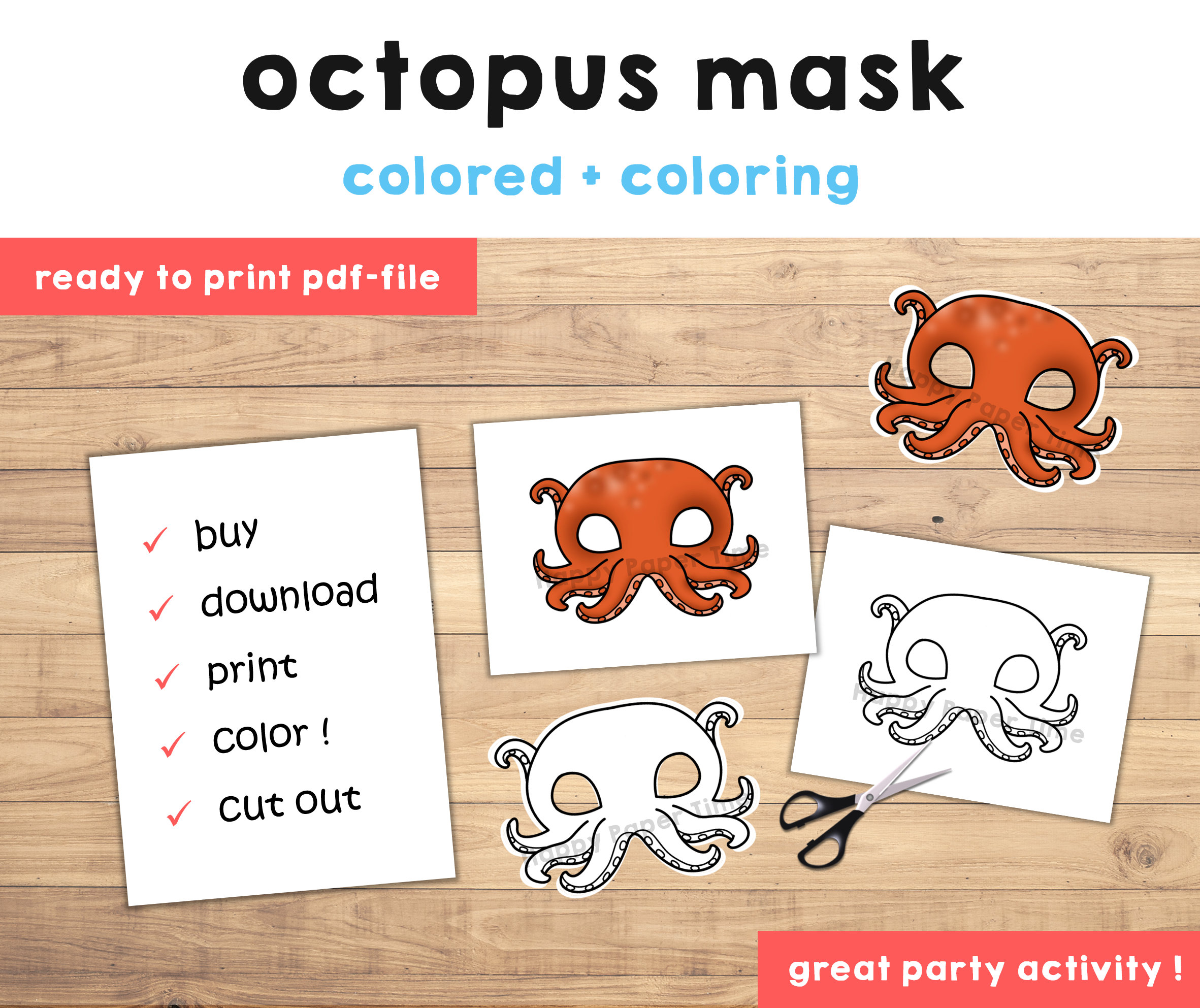 Octopus mask template costume kids diy ocean sea animal party fun favor printable coloring easy craft kids instant download
