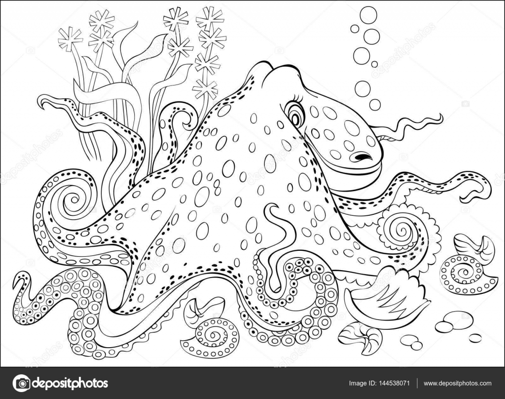 Black and white page for coloring fantasy drawing of octopus worksheet for children and adults stock vector by nataljacernecka