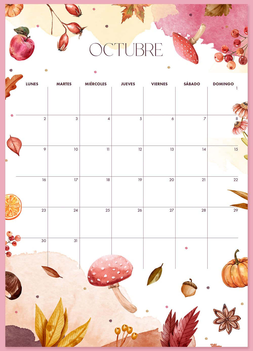 Calendario octubre imprimible y fondo de pantalla