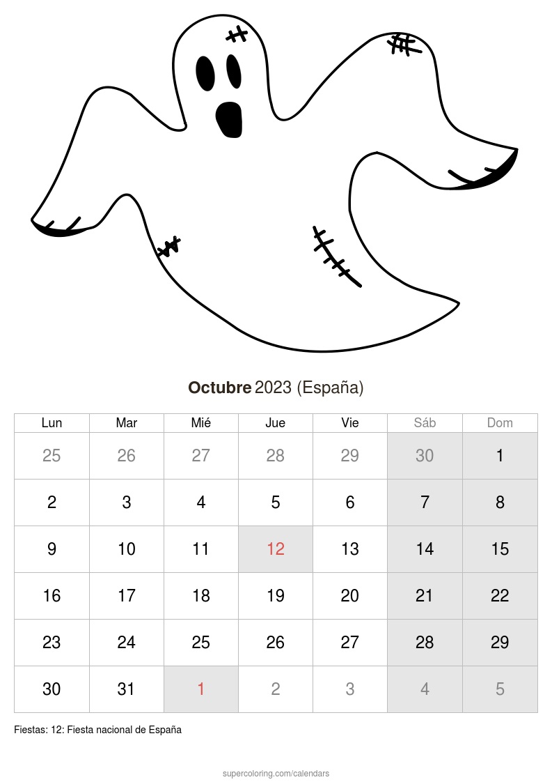 Calendario octubre para imprimir espaãa