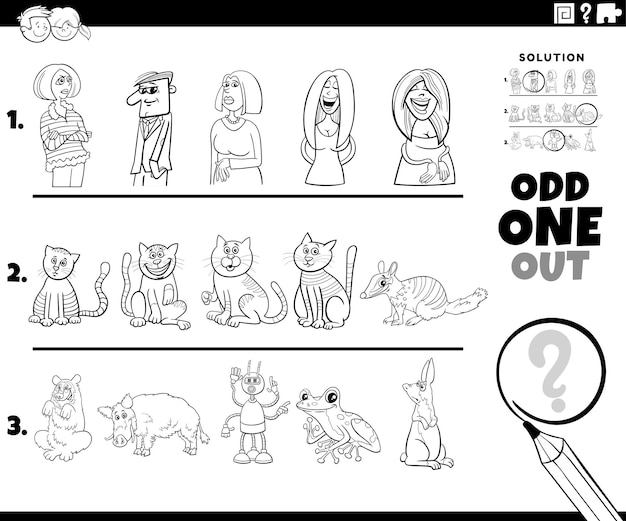 Premium vector odd one out task with cartoon characters coloring page