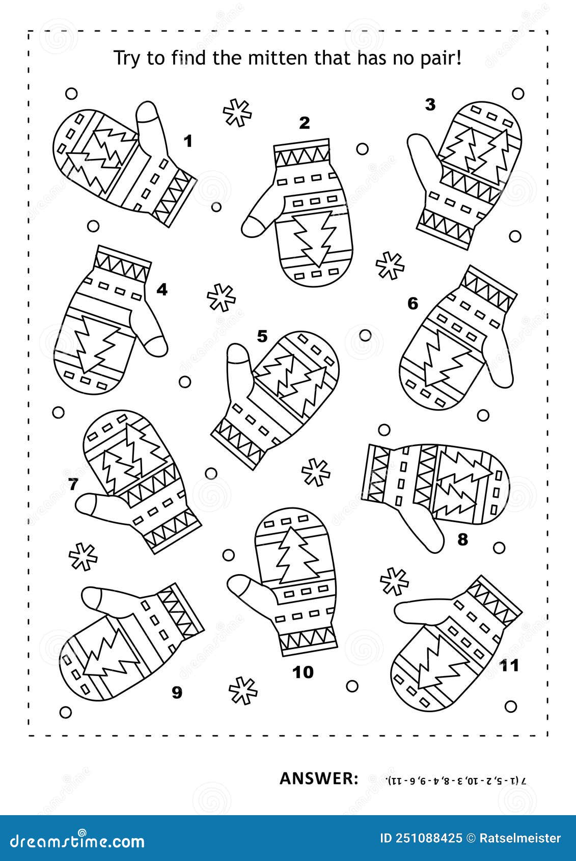 Puzzle and coloring page with mittens match the pairs spot the odd one out answer included stock image