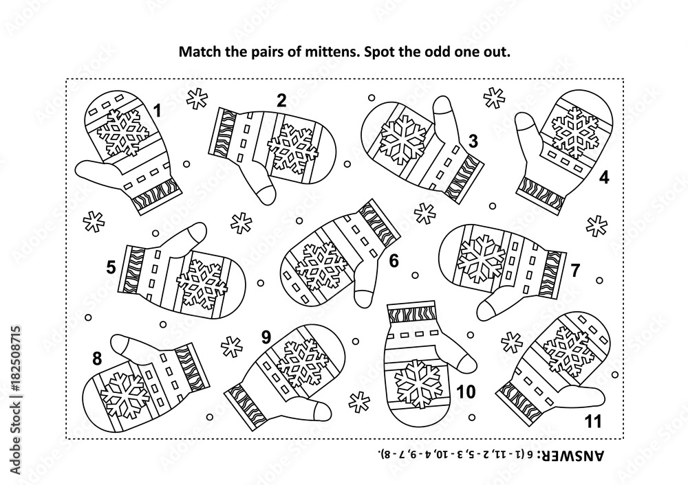 Iq training visual logic puzzle and coloring page with santas or somebodys else knitted mittens match the pairs spot the odd one out answer included vector
