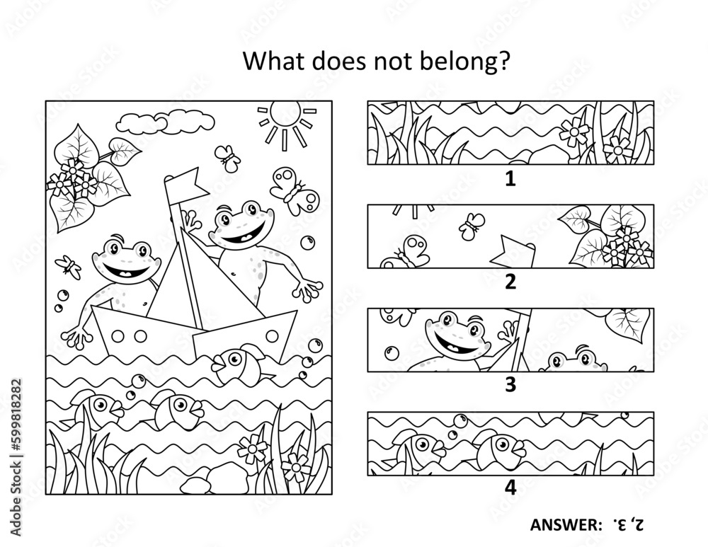 Sailing boat and frogs in a pond visual puzzle or picture riddle what does not belong or spot the odd one out answer included vector