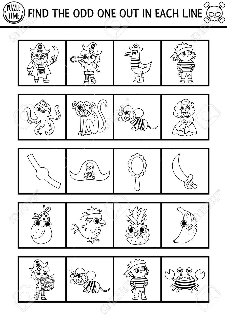 Black and white find the odd one out pirate logical line activity for children treasure island educational quiz worksheet for kids for attention skills simple sea adventure printable game or coloring page