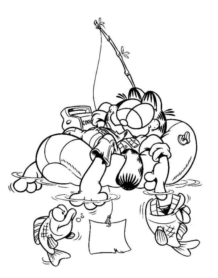 Garfield relaxes in an inflatable ring coloring page