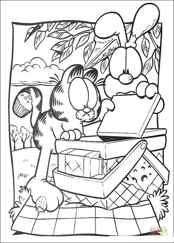 Garfield and oddie on a picnic coloring page free printable coloring pages