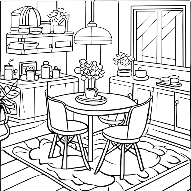 Premium vector coloring page table and chair furniture and room interior