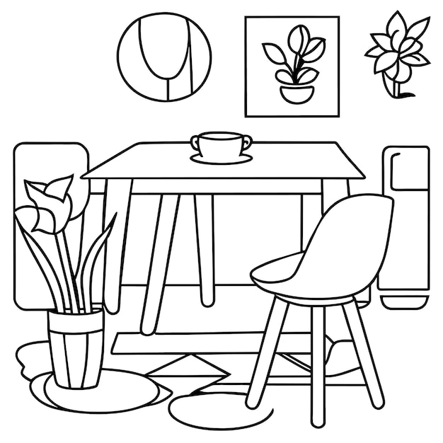 Premium vector coloring page table and chair furniture and room interior