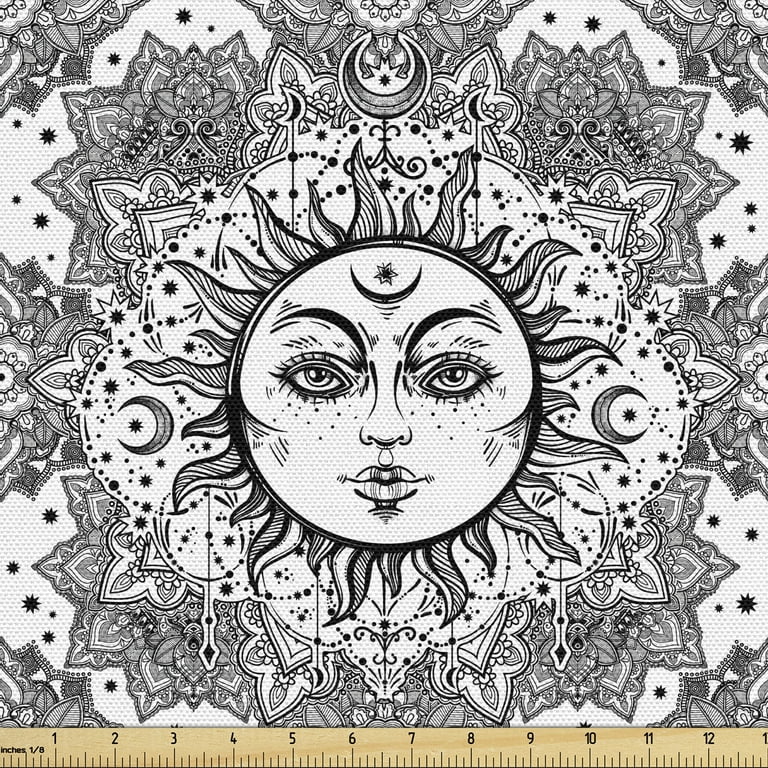 Astrology fabric by the yard floral mandala sun face pattern bohemian theme oriental folk ornament decorative upholstery fabric for chairs home accents yards white black by ambesonne