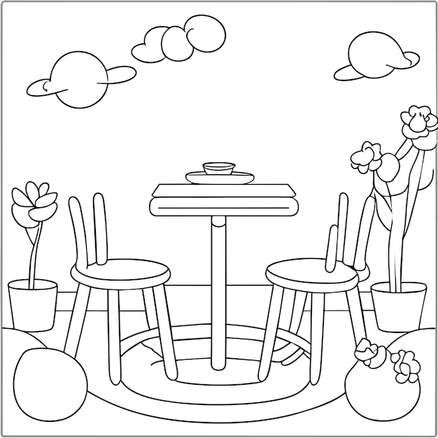 Premium vector coloring page table and chair furniture and room interior