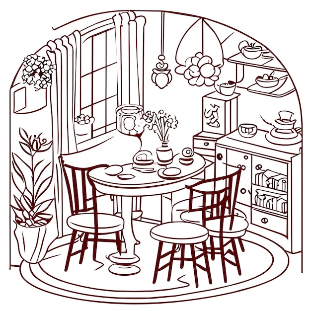 Premium vector coloring page table and chair furniture and room interior