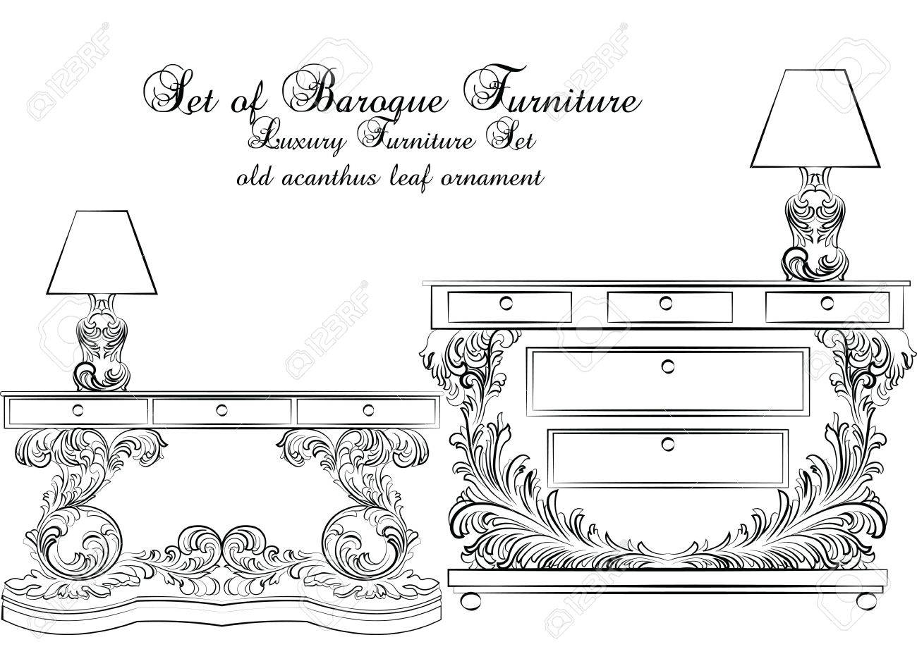 Royal baroque vector classic furniture table and lamp set with luxury acanthus ornaments vector sketch furniture royalty free svg cliparts vectors and stock illustration image