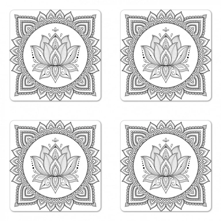 Mandala coaster set of folk ornamental tattoo art lotus flower motif oriental style intricate ornament square hardboard gloss coasters standard size white black by ambesonne