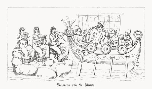 Odysseus and sirens homers odyssey wood engraving published in stock illustration