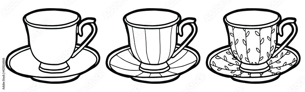 Hand drawing cups and saucers black outline coloring page vector