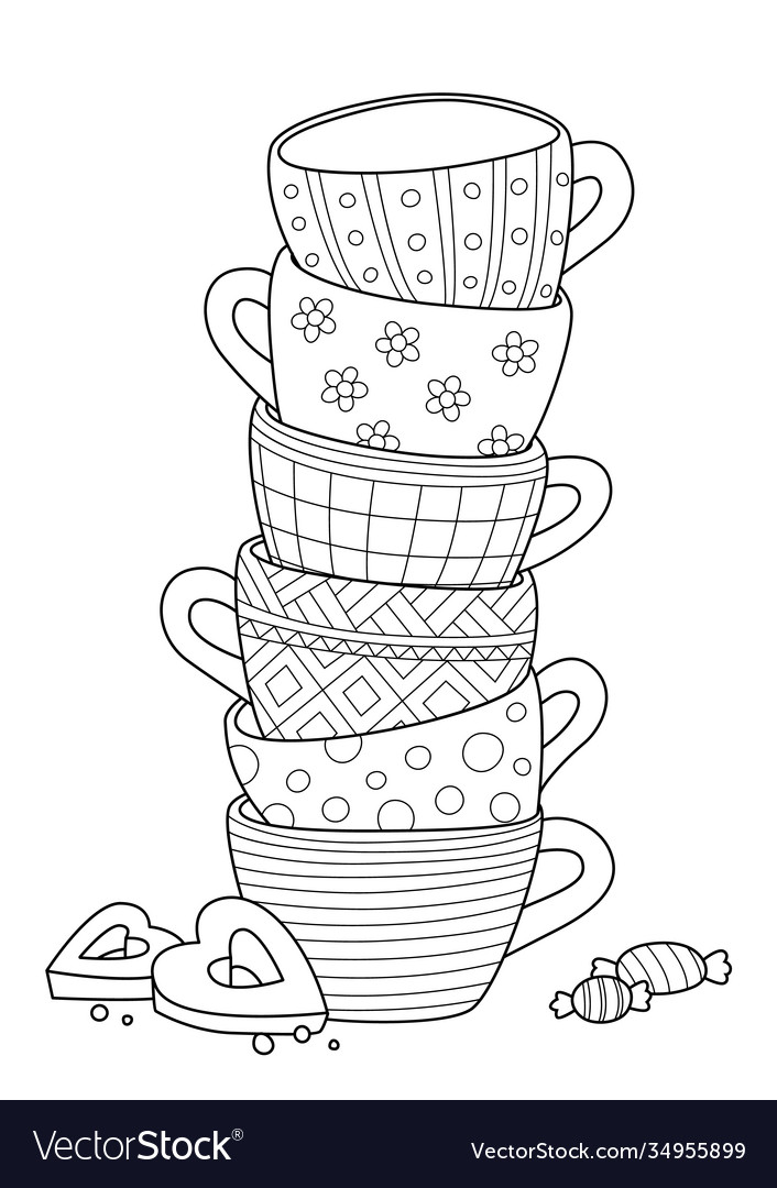Doodle coloring book page for adults cups vector image