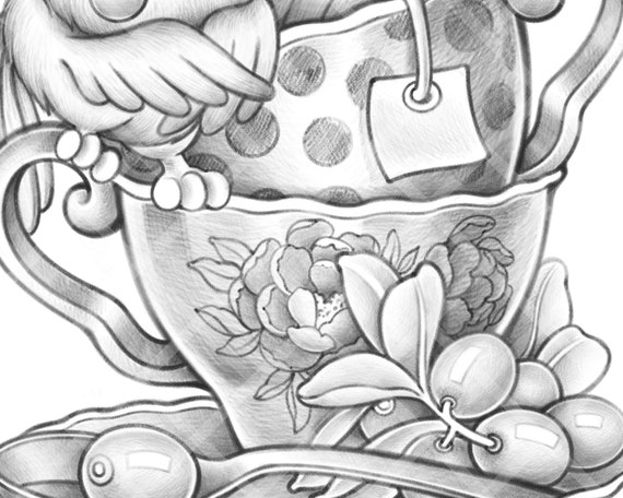 Tea cups cute coloring page printable for adult and kid flower coloring page for all ages decoration vintage jpeg printable download