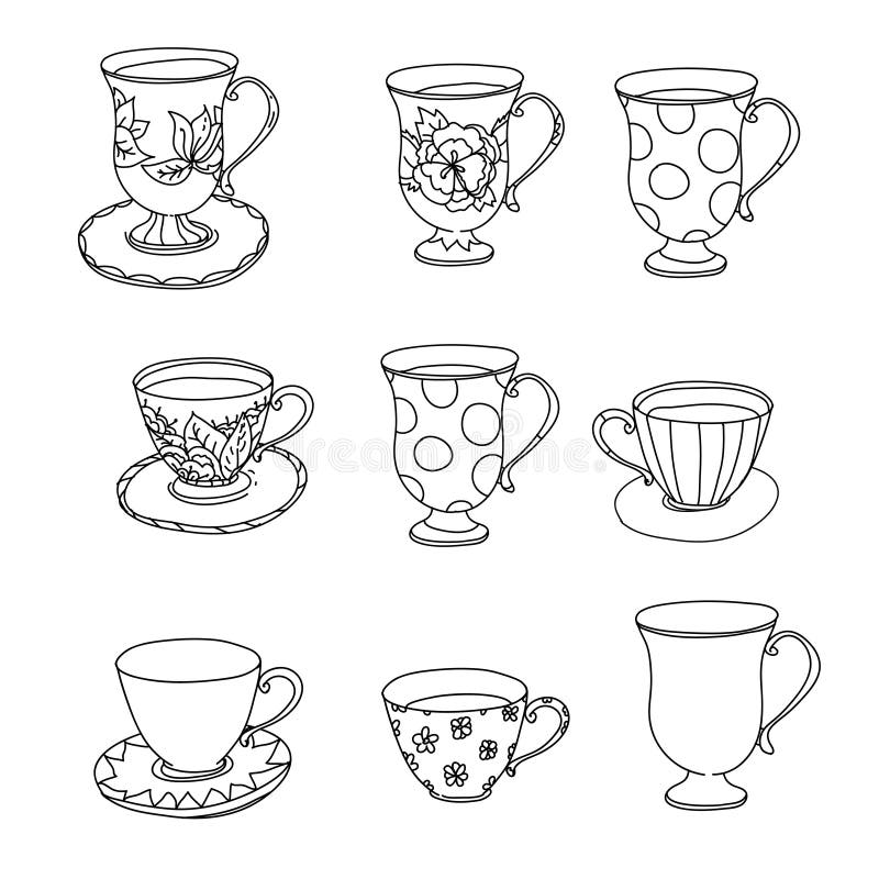 Coloring page set cupcake ice cream tea pot cup stock vector